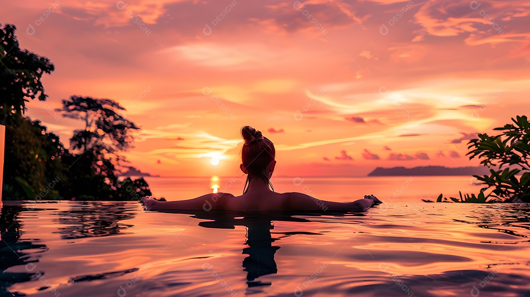 Mulher em uma piscina com um pôr do sol deslumbrante ao fundo