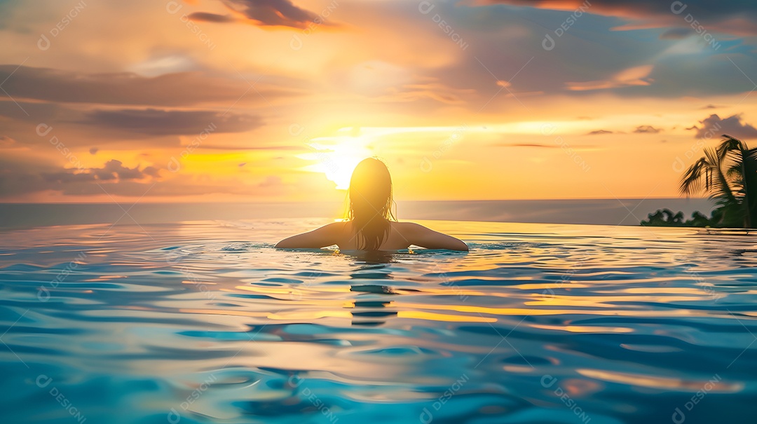 Mulher em uma piscina com um pôr do sol deslumbrante ao fundo