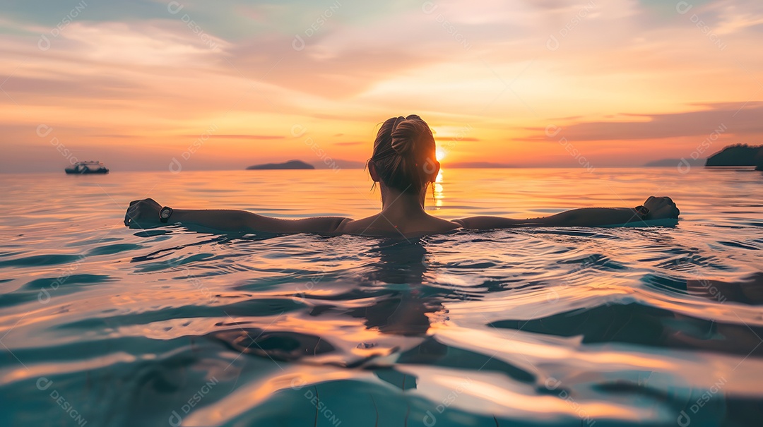 Mulher em uma piscina com um pôr do sol deslumbrante ao fundo