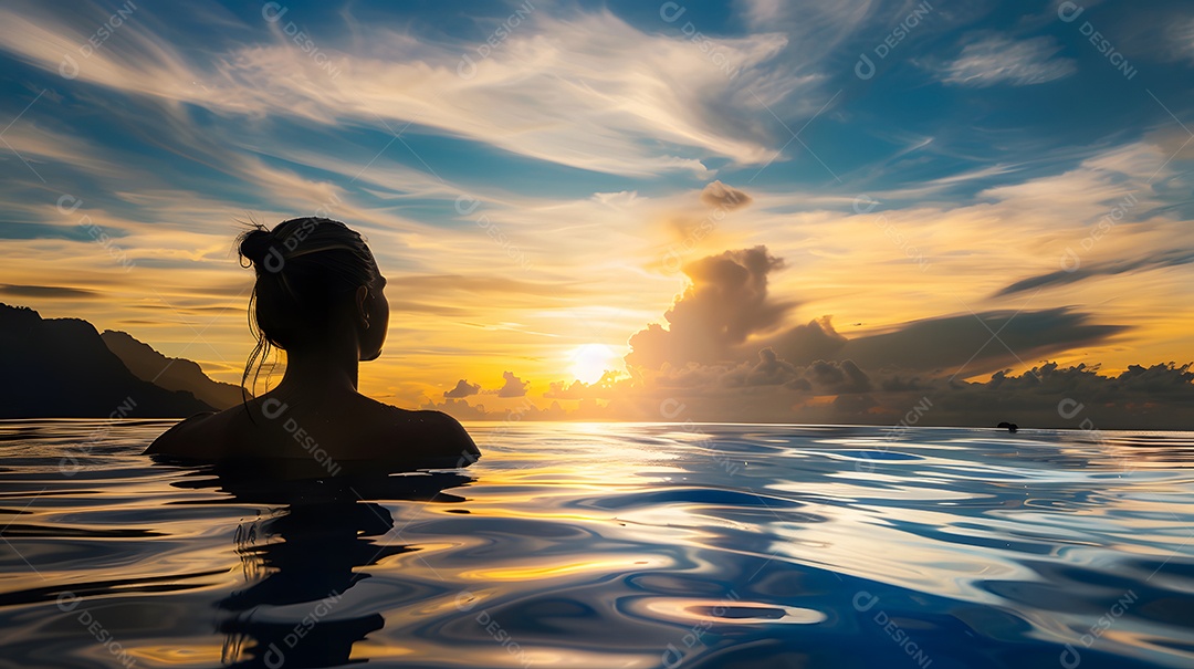 Mulher em uma piscina com um pôr do sol deslumbrante ao fundo