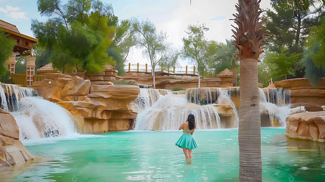 Mulher em uma piscina com uma cascata caindo nela