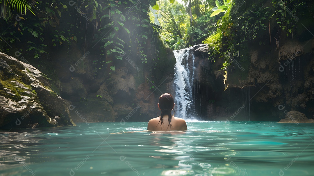 Mulher em uma piscina com uma cascata caindo nela