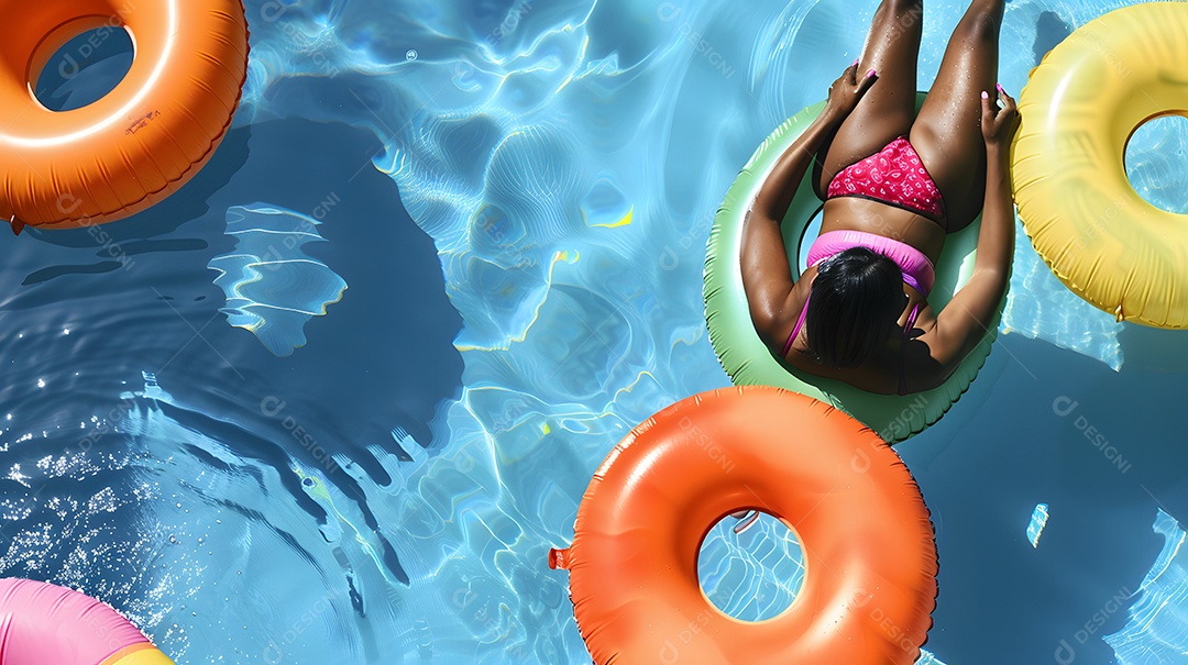 Mulher descansando em uma piscina com boias coloridas