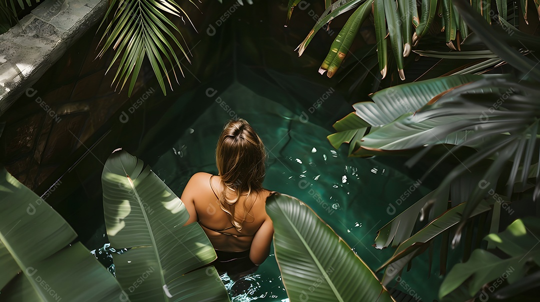 Mulher cercada por plantas tropicais em uma piscina