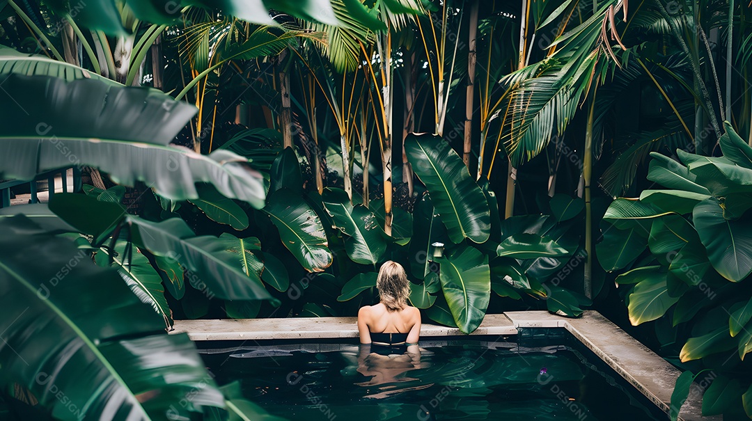 Mulher cercada por plantas tropicais em uma piscina