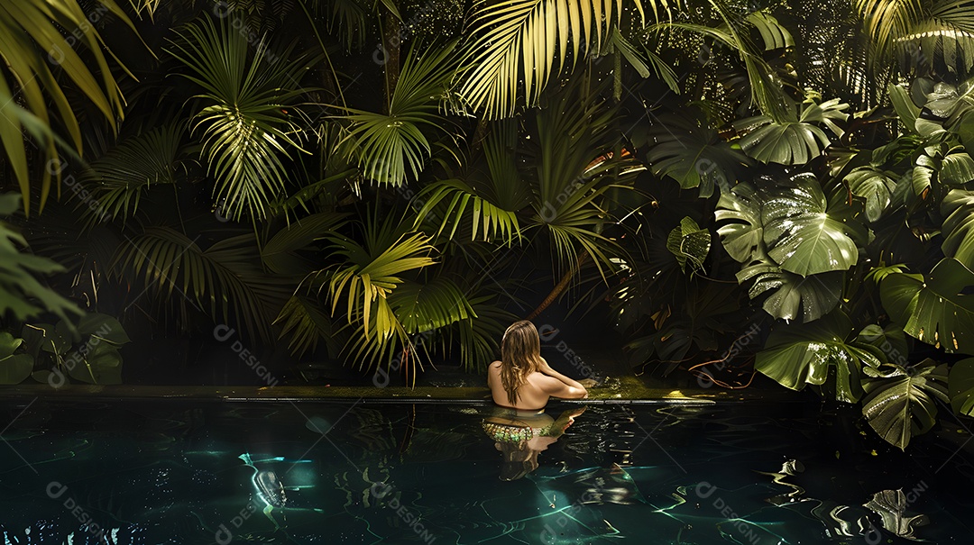 Mulher cercada por plantas tropicais em uma piscina