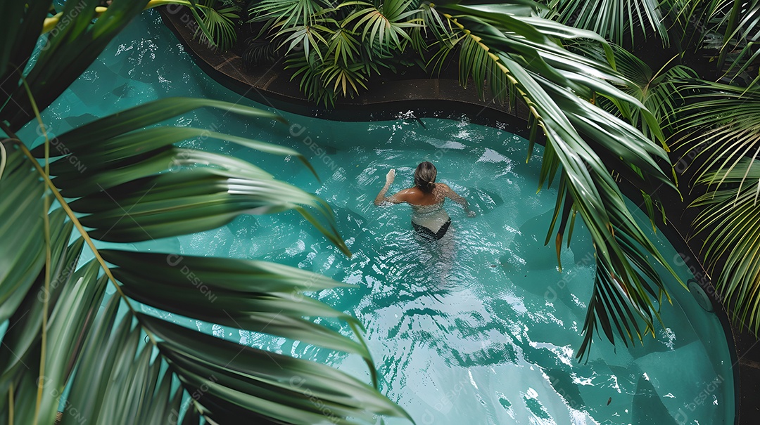Mulher cercada por plantas tropicais em uma piscina