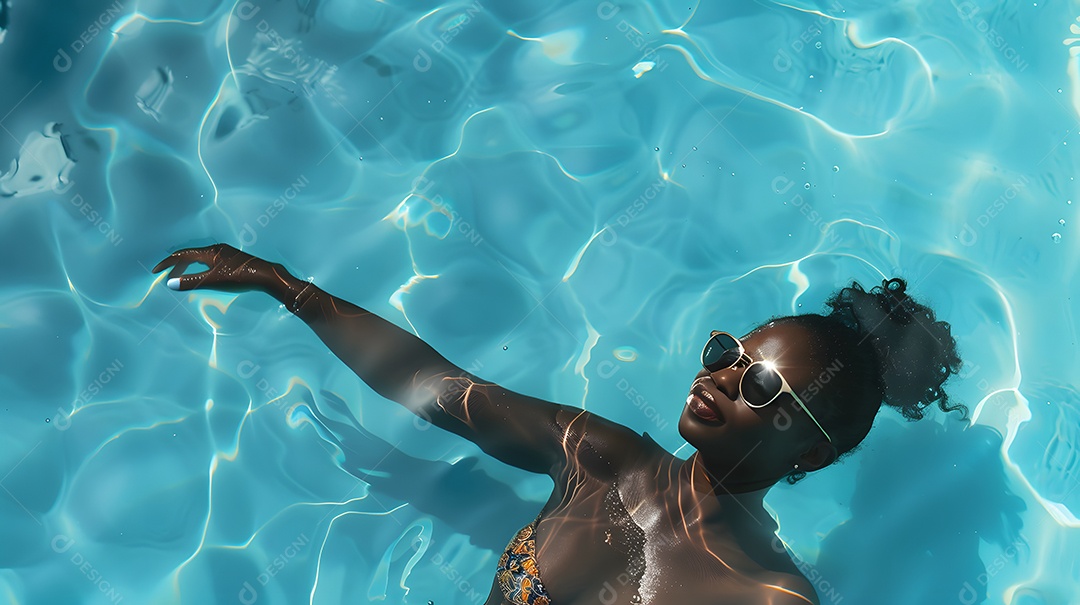 Mulher com óculos de sol relaxando em uma piscina azul clara