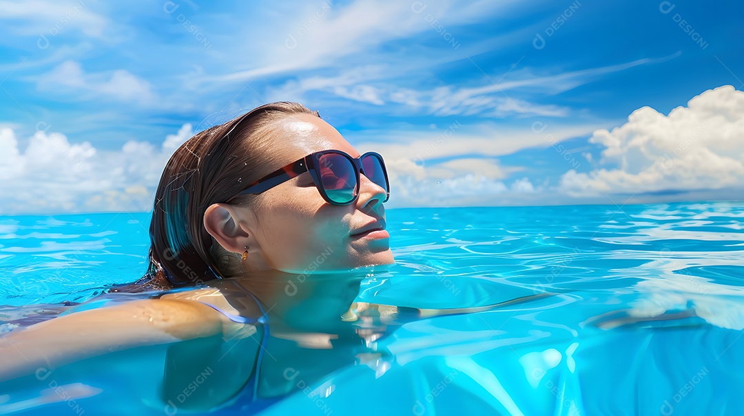 Mulher com óculos de sol relaxando em uma piscina azul clara