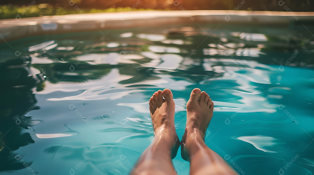 Mulher mergulhando os pés em uma piscina refrescante