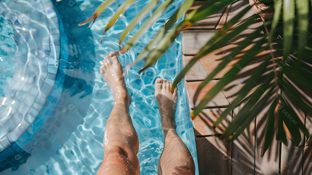 Mulher mergulhando os pés em uma piscina refrescante