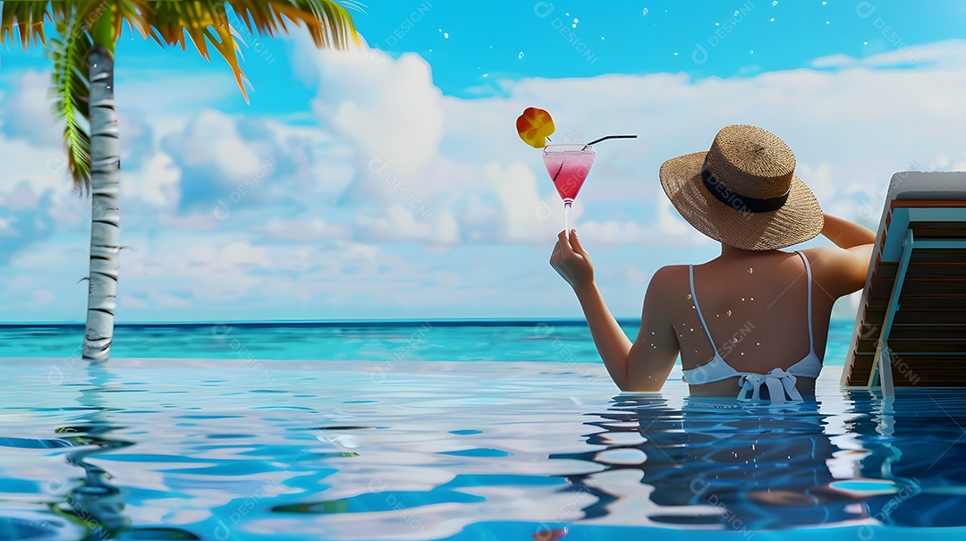 Mulher desfrutando de um coquetel à beira da piscina