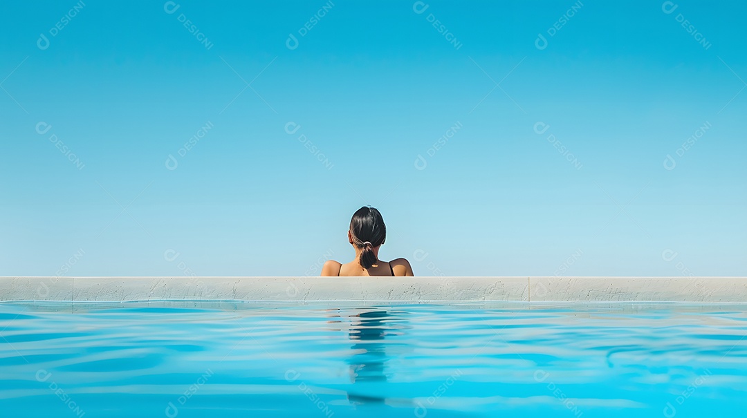 Mulher olhando para o céu azul claro de uma piscina