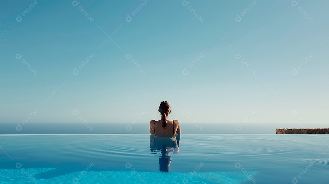 Mulher olhando para o céu azul claro de uma piscina