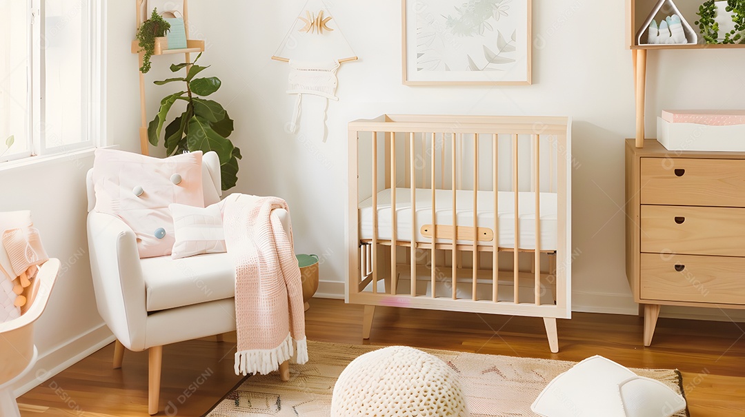 Um berçário de inspiração escandinava com móveis de madeira natural