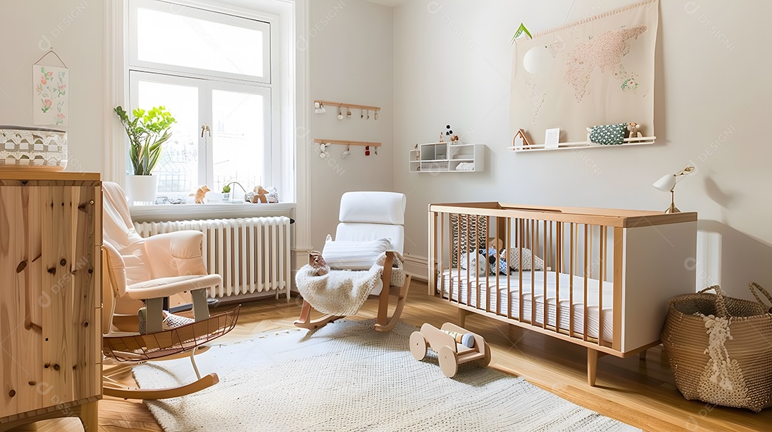 Um berçário de inspiração escandinava com móveis de madeira natural