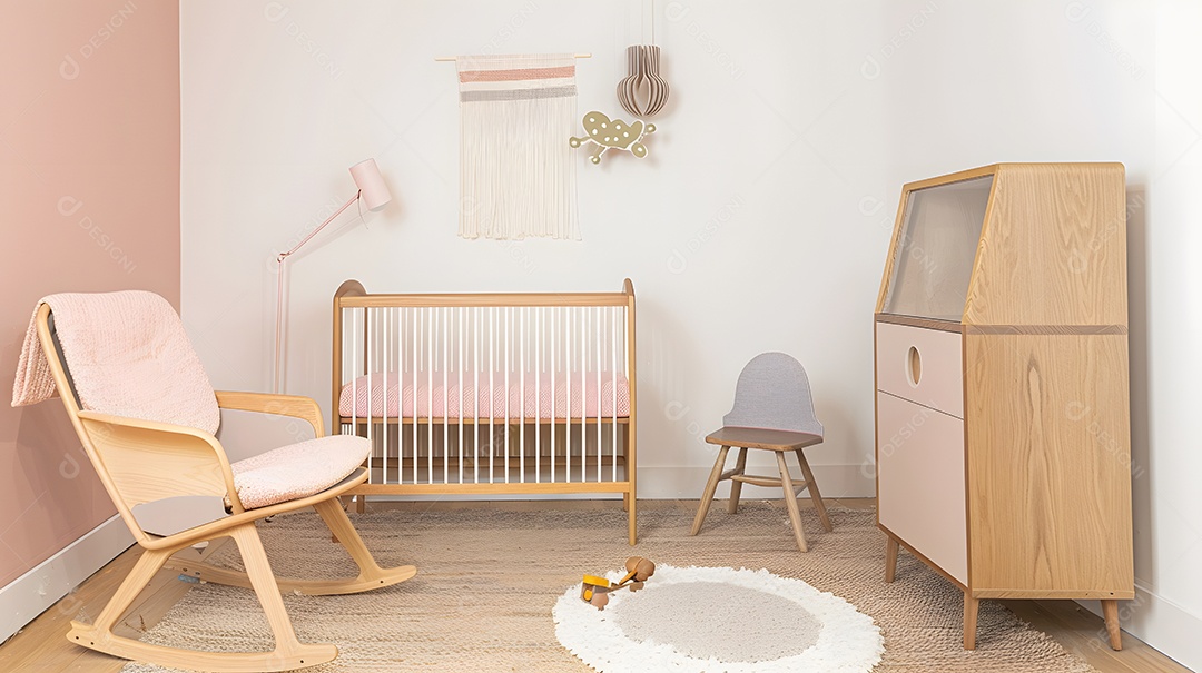 Um berçário de inspiração escandinava com móveis de madeira natural