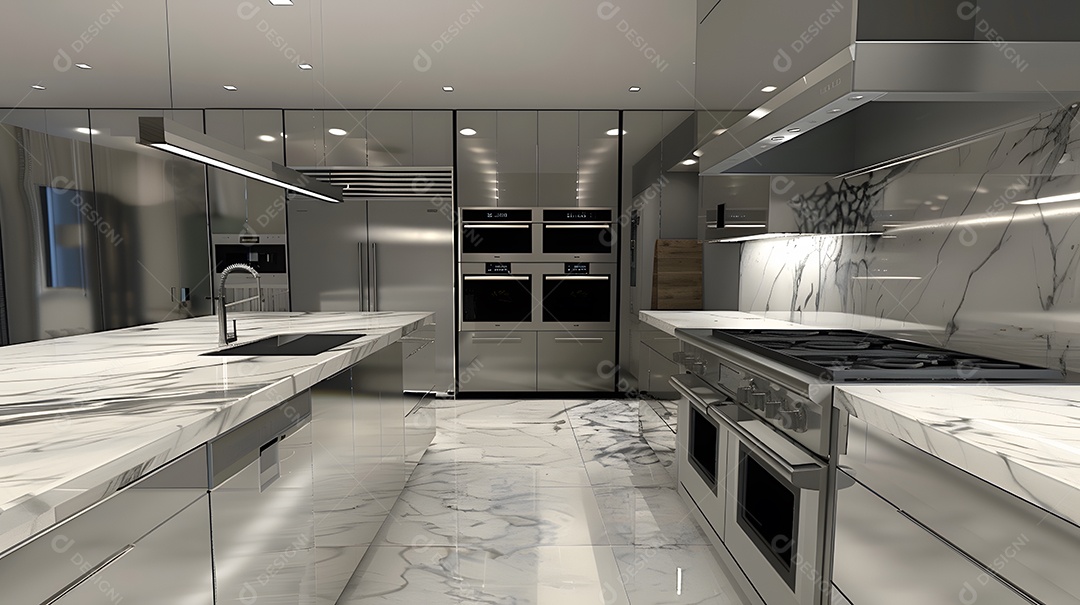 Uma cozinha elegante moderna com eletrodomésticos de aço inox e balcão de mármore