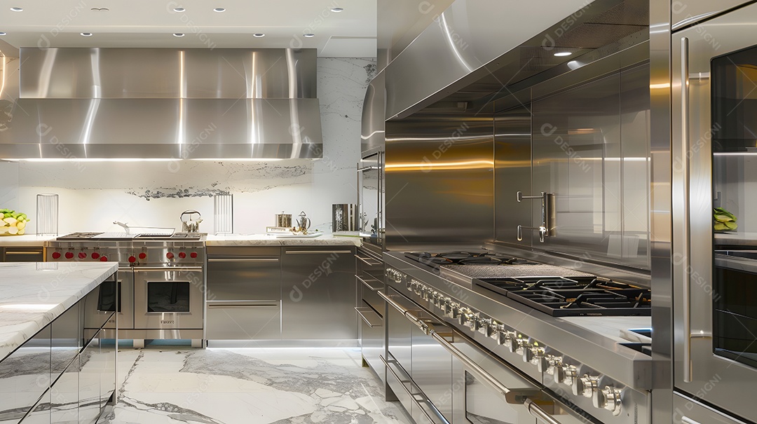 Uma cozinha elegante e moderna com eletrodomésticos de aço inox e bancadas