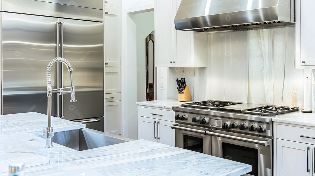 Uma cozinha elegante moderna com eletrodomésticos de aço inoxidável e balcão de mármore