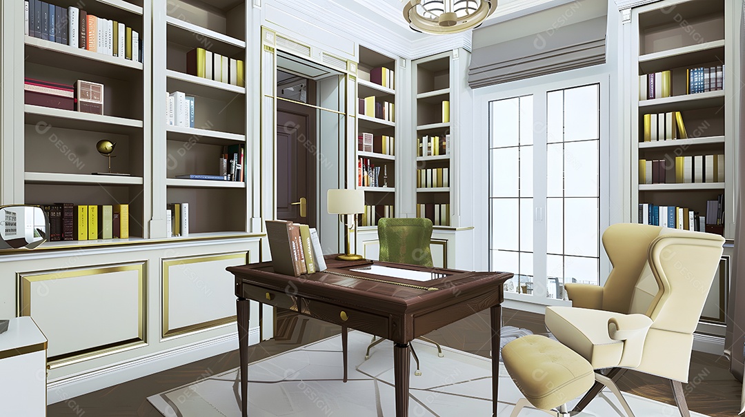 Um home office sofisticado com uma parede de estantes embutidas e uma grande mesa