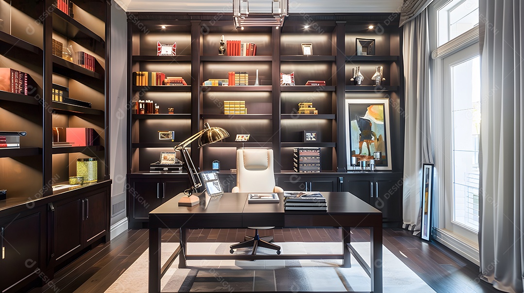 Um home office sofisticado com uma parede de estantes embutidas e uma grande mesa