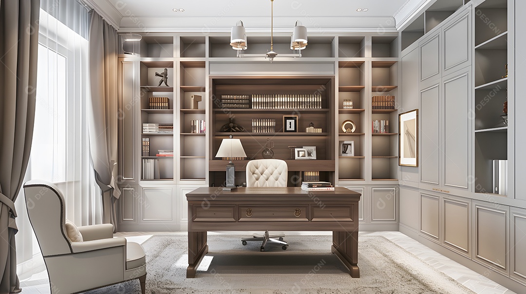 Um home office sofisticado com uma parede de estantes embutidas e uma grande mesa