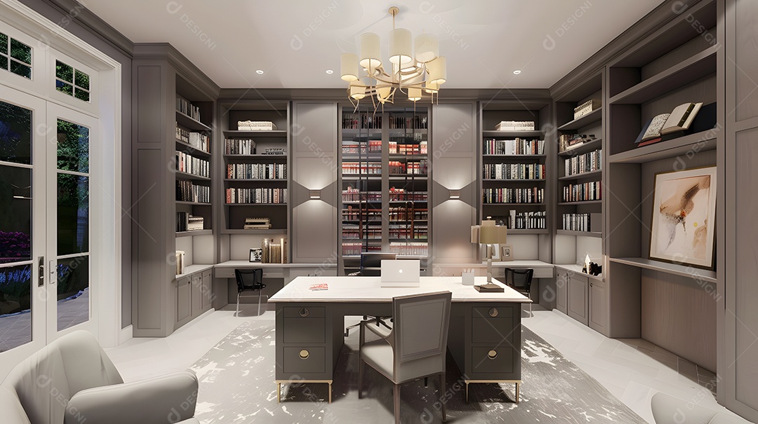 Um home office sofisticado com uma parede de estantes embutidas e uma grande mesa