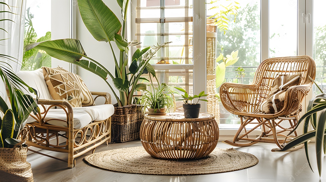 Uma marquise com tema tropical móveis de vime e vasos de plantas