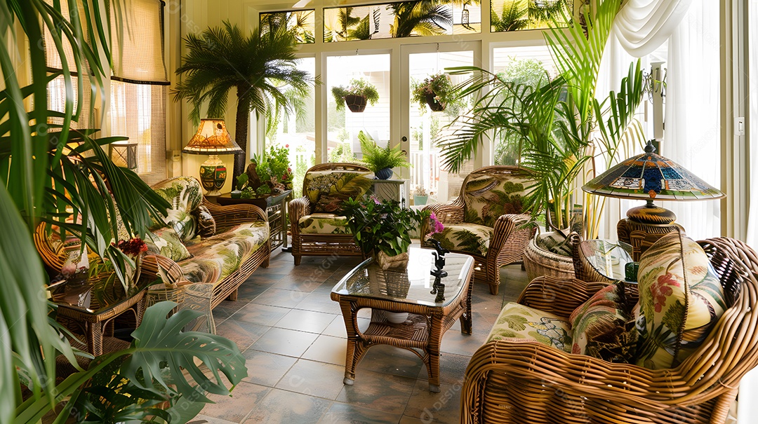 Uma marquise com tema tropical móveis de vime e vasos de plantas