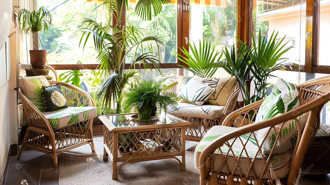 Uma marquise com tema tropical móveis de vime e vasos de plantas