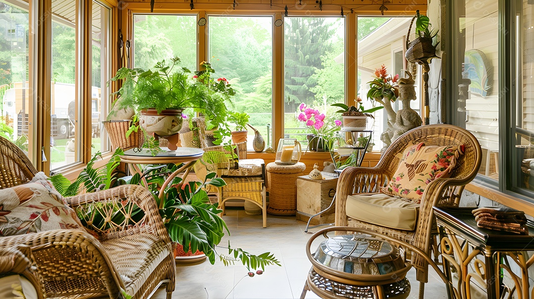 Uma marquise com tema tropical móveis de vime e vasos de plantas