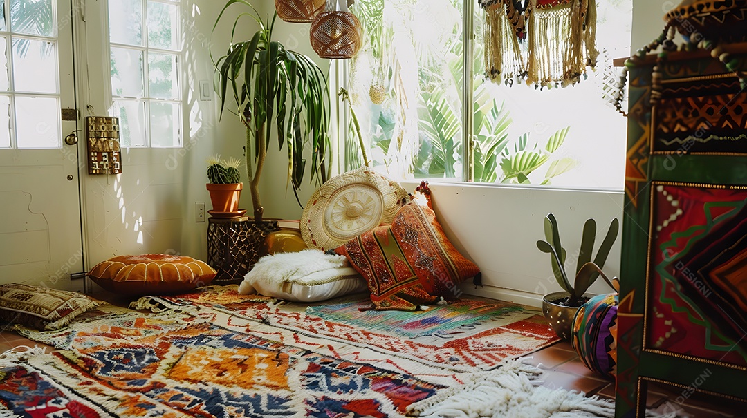Um recanto de leitura de inspiração boêmia com tapetes coloridos e almofadas de chão