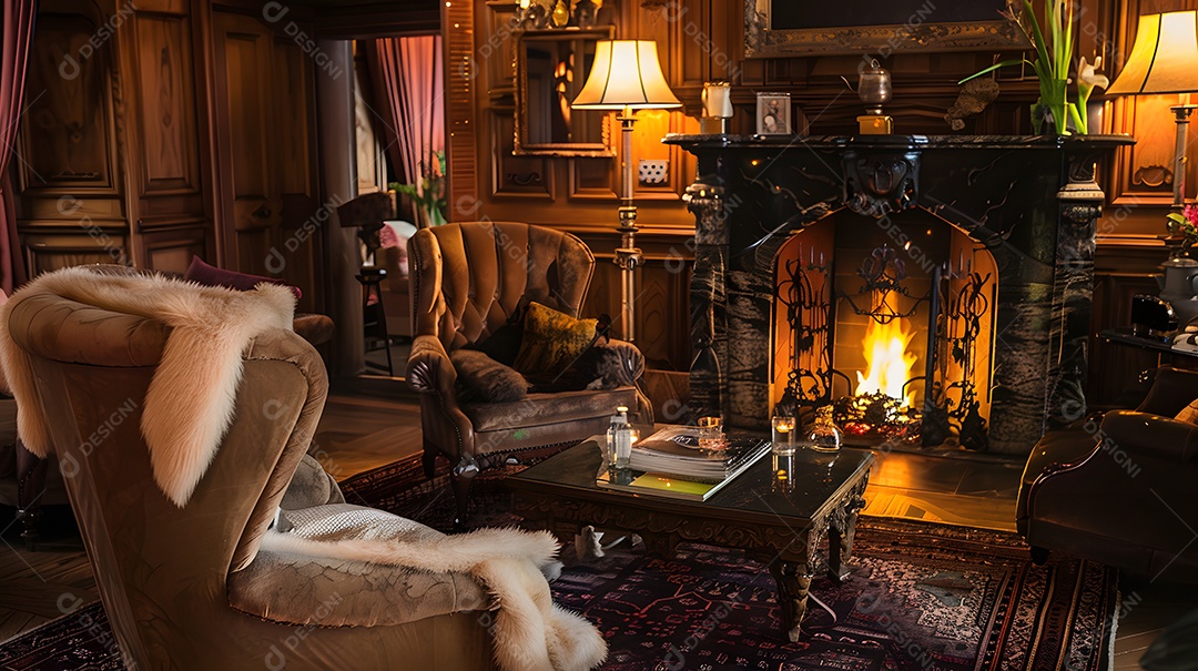 Uma sala de estar aconchegante com lareira e cadeiras grandes e macias