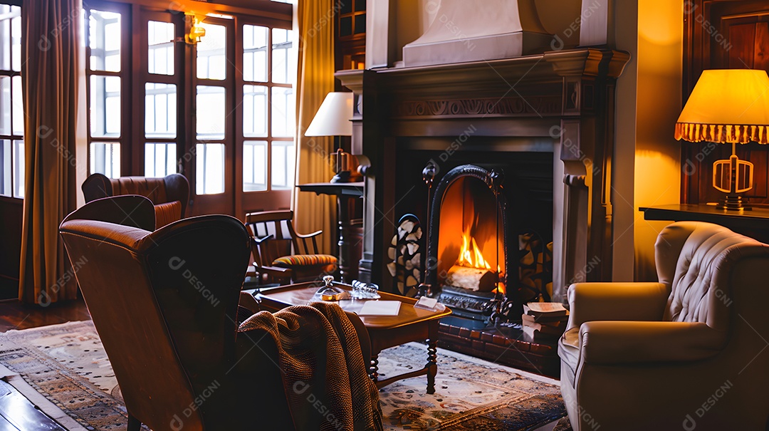 Uma sala de estar aconchegante com lareira e cadeiras grandes e macias