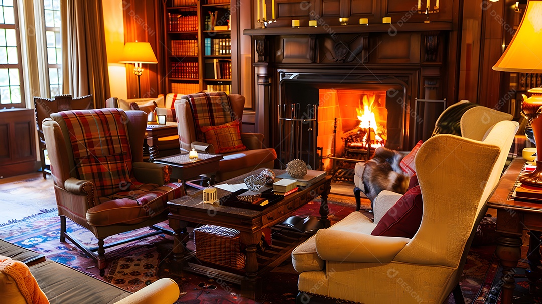 Uma sala de estar aconchegante com lareira e cadeiras grandes e macias