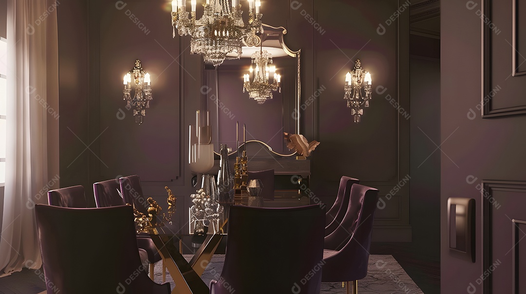 Uma sala de jantar glamorosa com lustre de cristal e cadeiras de veludo