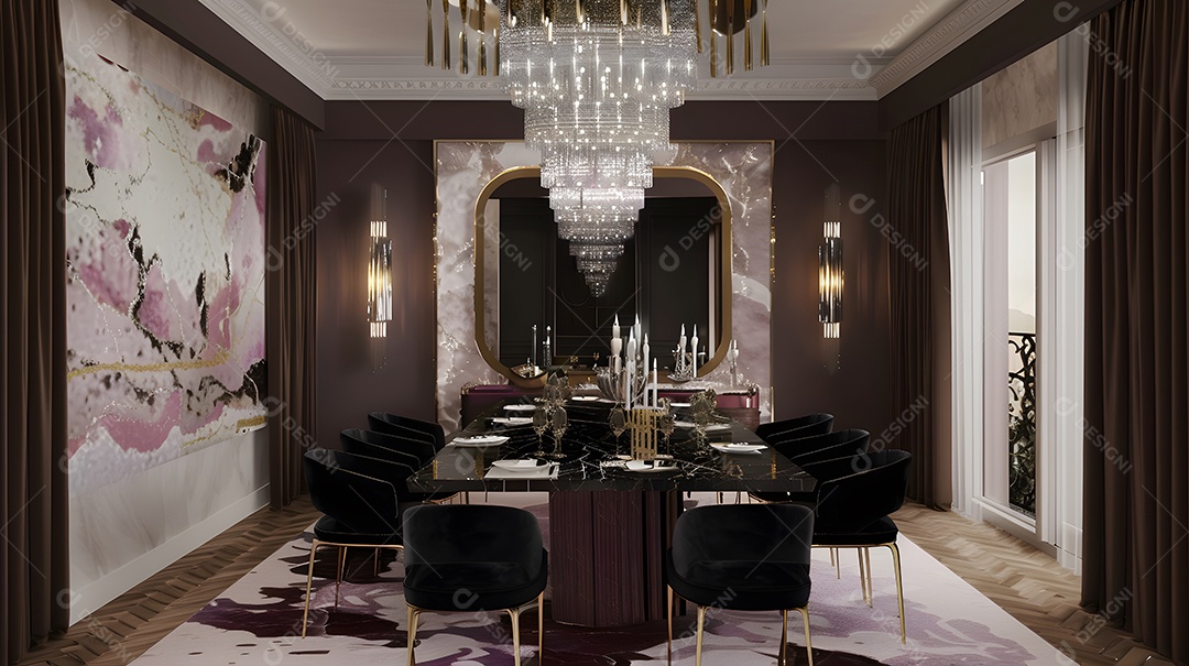 Uma sala de jantar glamorosa com lustre de cristal e cadeiras de veludo