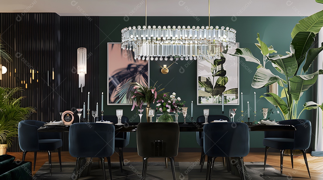 Uma sala de jantar glamorosa com lustre de cristal e cadeiras de veludo