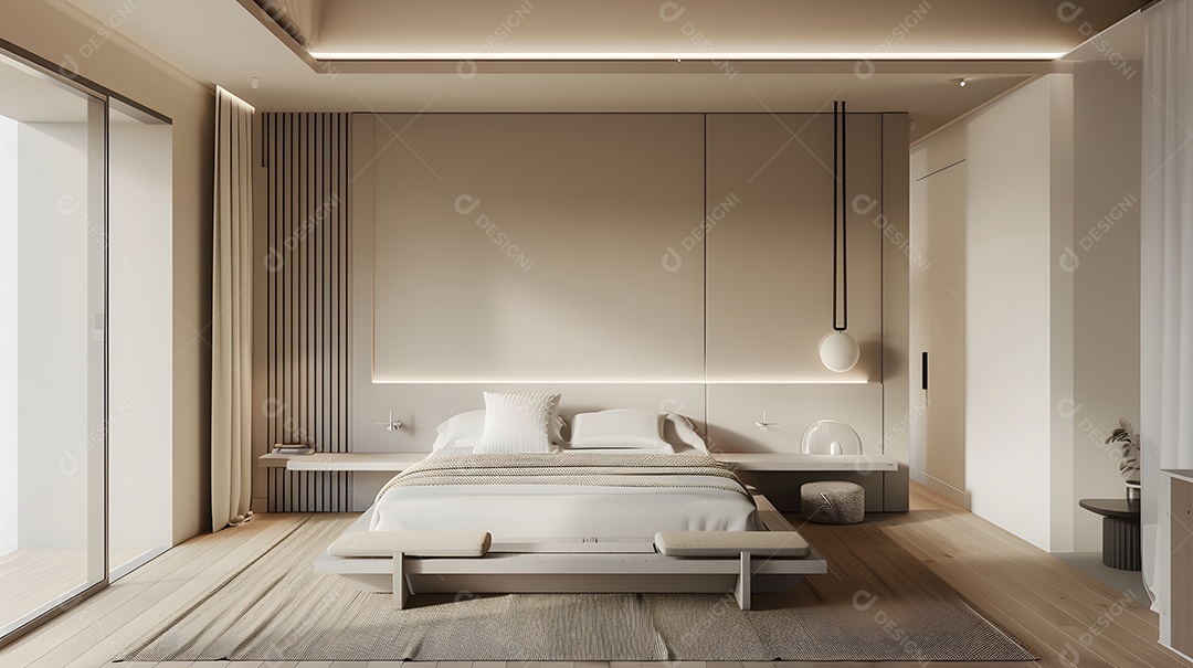 Um quarto minimalista com cama plataforma e paleta de cores neutras