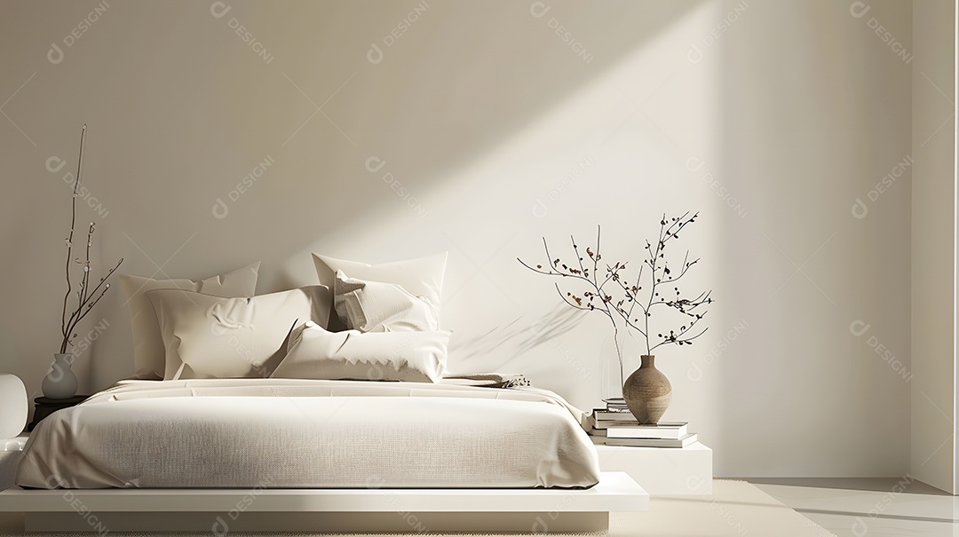 Um quarto minimalista com cama plataforma e paleta de cores neutras