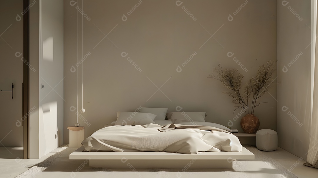 Um quarto minimalista com cama plataforma e paleta de cores neutras