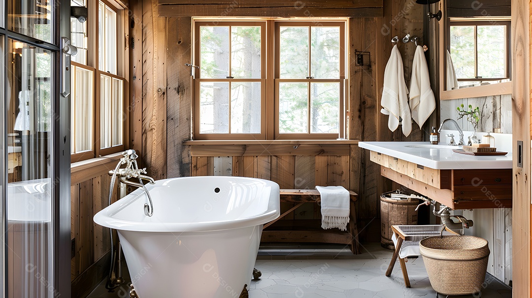 Um banheiro rústico estilo de casa de fazenda com banheira de pés detalhes em madeira