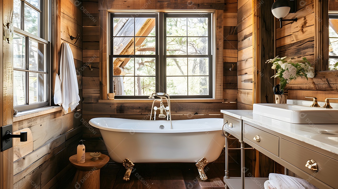 Banheiro rústico em estilo de casa de fazenda com banheira com pés e detalhes em madeira