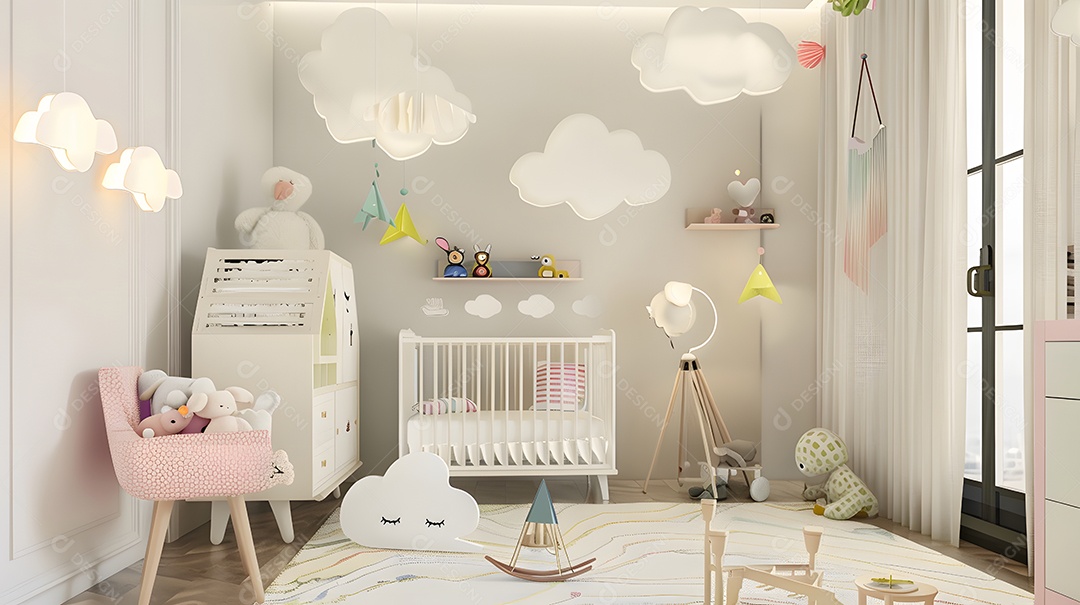 Quarto de bebê aconchegante com cores pastel e decorações de nuvens sonhadoras