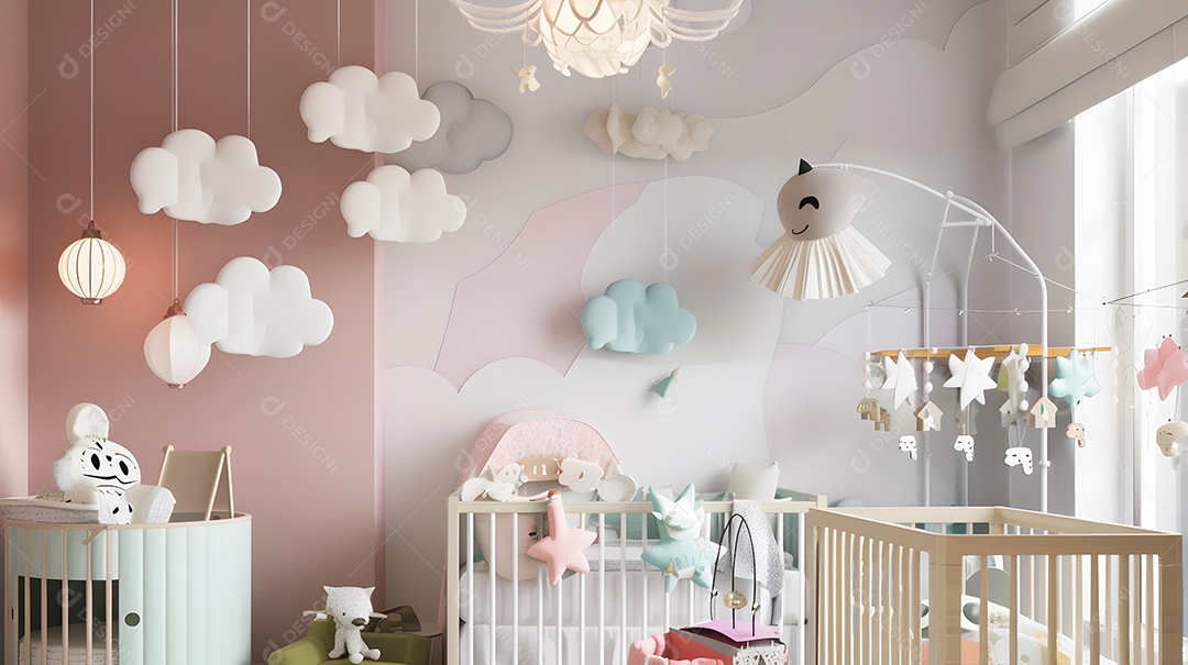 Quarto de bebê aconchegante com cores pastel e decorações de nuvens sonhadoras
