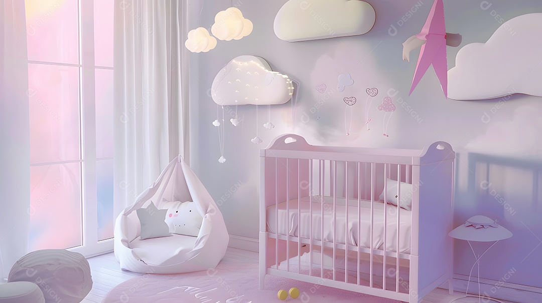 Quarto de bebê aconchegante com cores pastel e decorações de nuvens sonhadoras