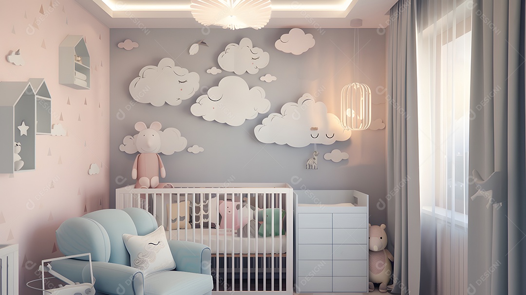 Quarto de bebê aconchegante com cores pastel e decorações de nuvens sonhadoras