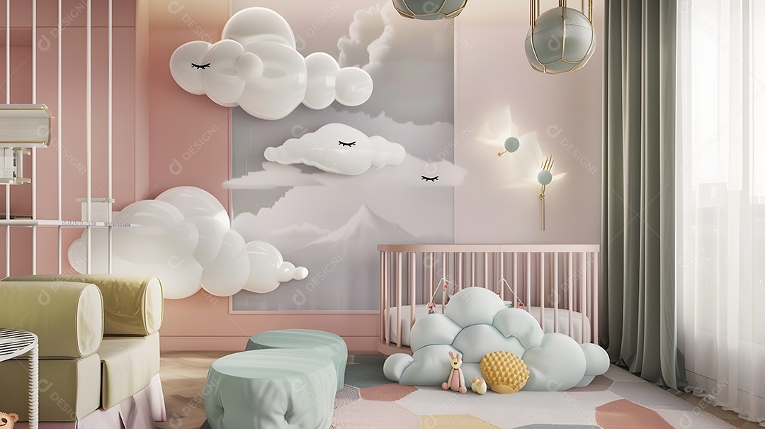 Quarto de bebê aconchegante com cores pastel e decorações de nuvens sonhadoras