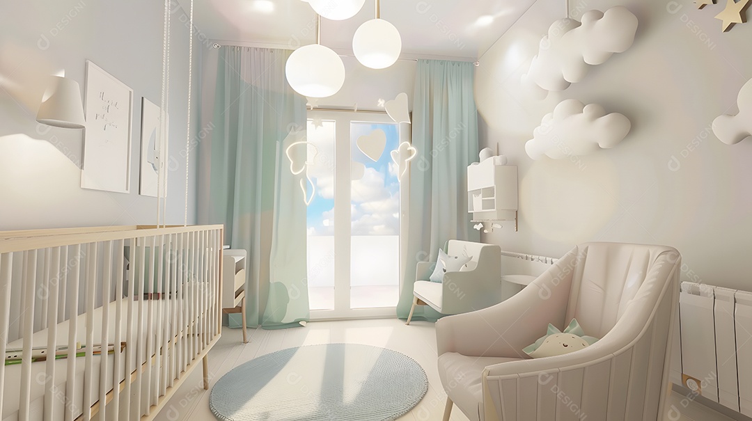 Quarto de bebê aconchegante com cores pastel e decorações de nuvens sonhadoras